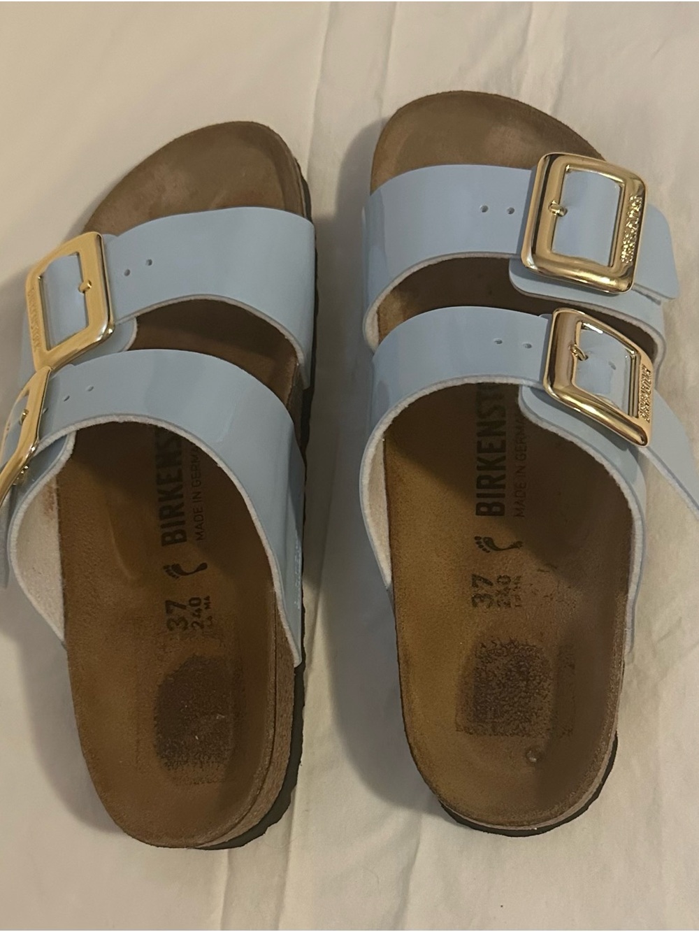 Birkenstock Light Blue Double Strap Sandals with Gold Buckles - Picture 2 of 6